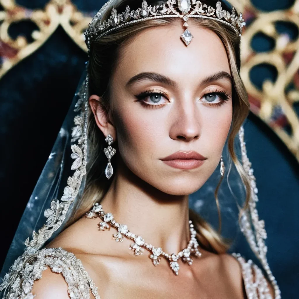 A regal bride adorned with an elegant tiara and intricate jewelry in an ai generated image using stable diffusion.