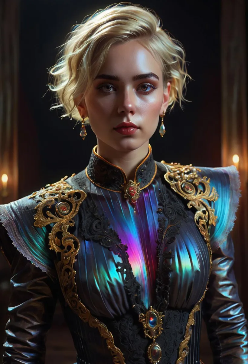 A regal-looking woman with short blonde hair, adorned in a detailed, ornate futuristic costume featuring metallic and iridescent elements. AI-generated using Stable Diffusion.