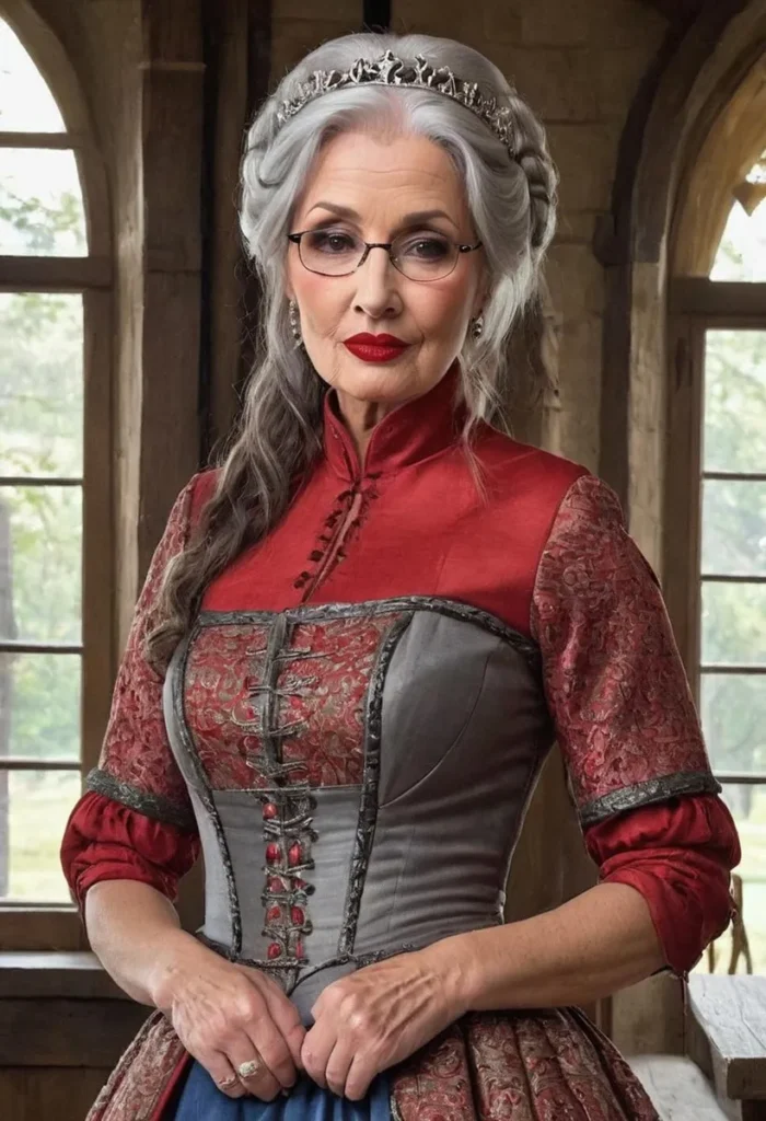 An AI generated image using Stable Diffusion, depicting a sophisticated older woman with gray hair, glasses, and a detailed red and gray renaissance dress, standing in an elegant room.