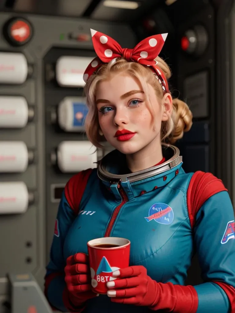 A retro-styled astronaut girl holding a cup of coffee in a space station, created using Stable Diffusion AI.