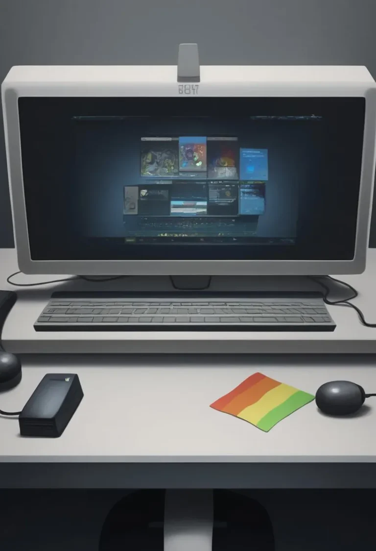 A retro computer workstation with a flat-screen monitor, keyboard, wired mouse, and a rainbow-colored mouse pad. AI generated image using Stable Diffusion.