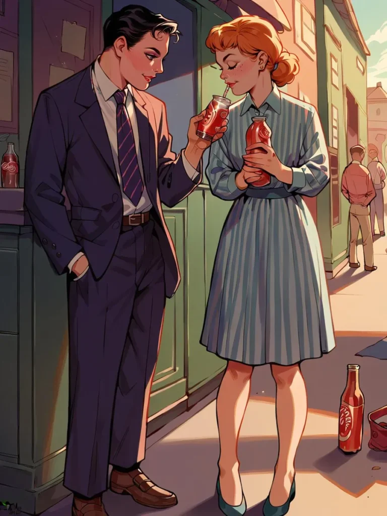 A retro couple in 1950s attire sharing a vintage soda on a street, AI generated image using Stable Diffusion.