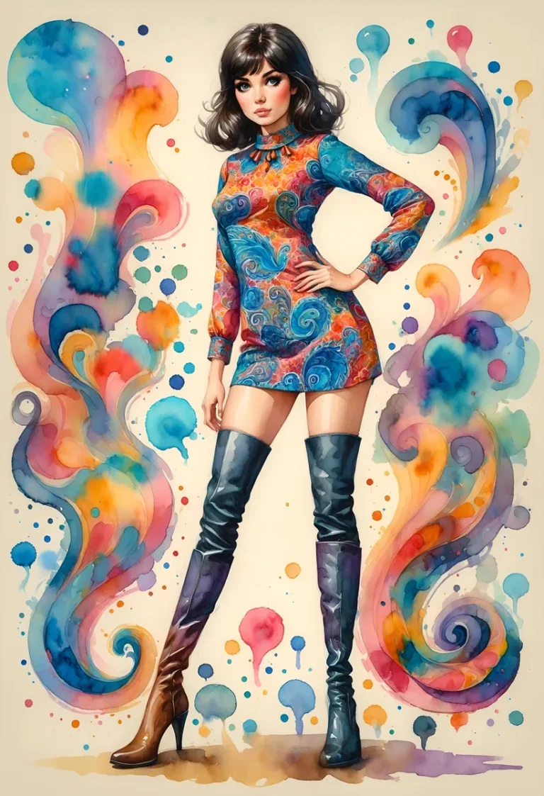 AI generated image of a woman in retro attire standing amidst colorful watercolor swirls.
