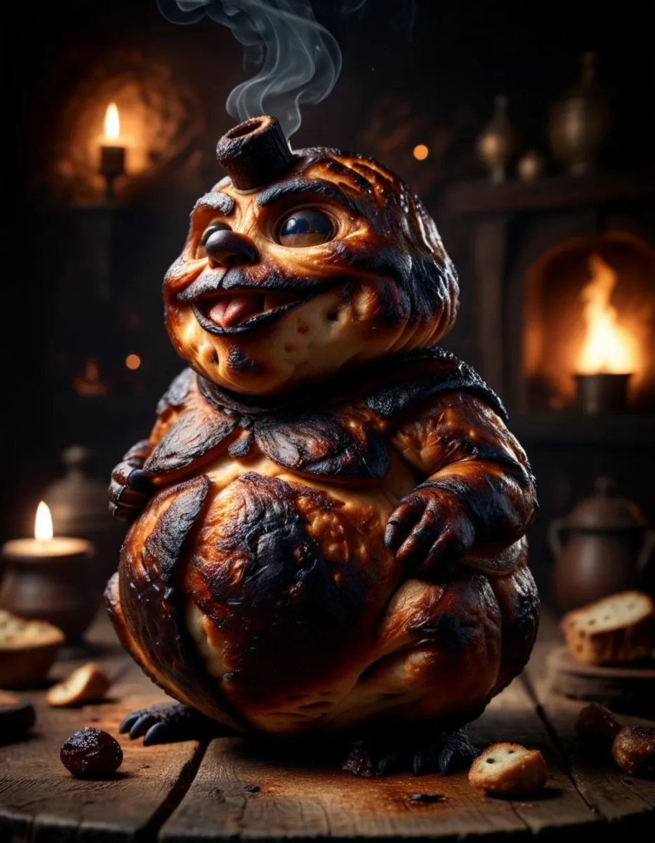 A whimsical roasted character with a bread-like texture and a smoking head, created using Stable Diffusion AI.