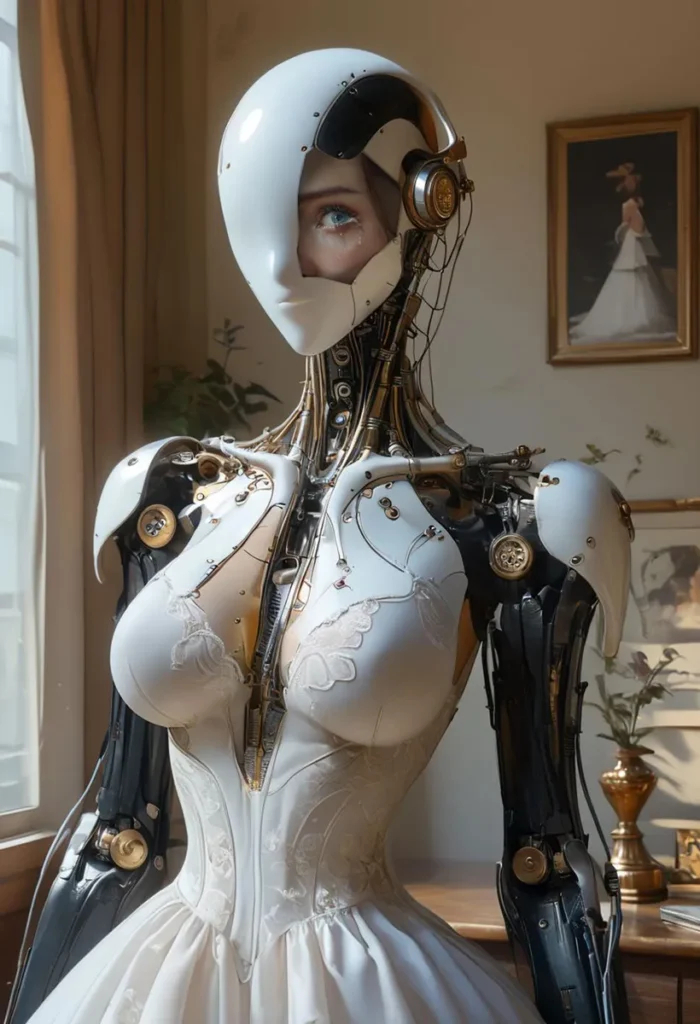 Robot bride in elegant wedding dress and partially revealed mechanical structure. AI generated image using stable diffusion.