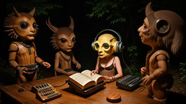 Group of robotic musicians with unique headgear and instruments gathered around a table in a night-time forest setting, created using Stable Diffusion.