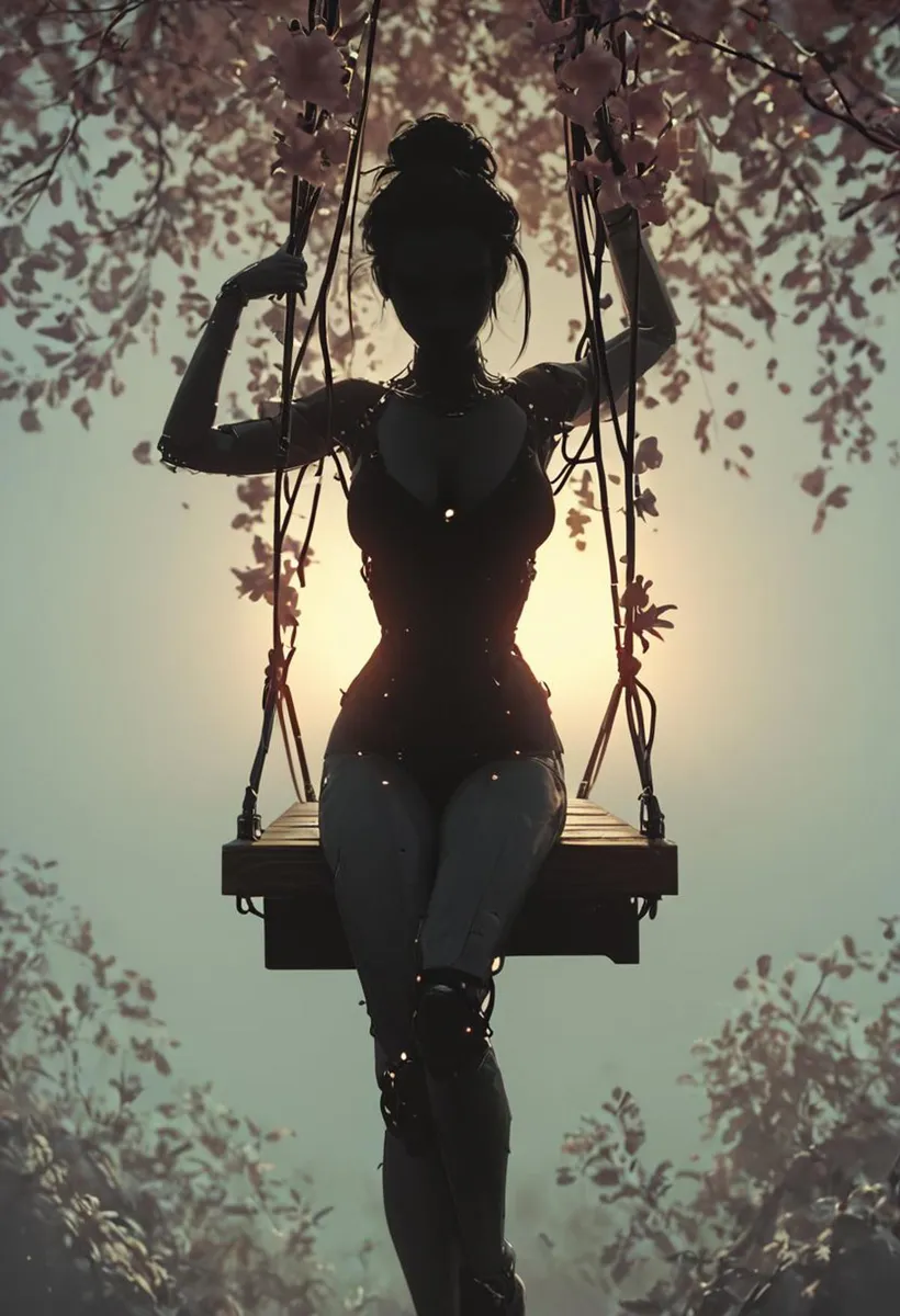 A silhouette of a robot woman sitting on a wooden swing, surrounded by cherry blossoms, lit from behind by a warm light source, generated by Stable Diffusion.