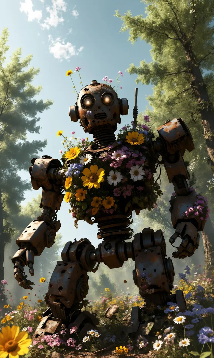 An AI generated image using stable diffusion of a rusty robot adorned with vibrant flowers in a lush forest setting.
