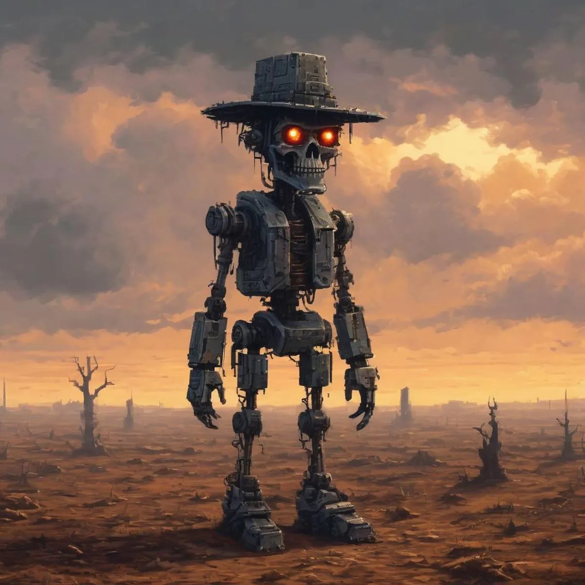AI generated image using stable diffusion of a robotic cowboy with glowing red eyes in a barren, post-apocalyptic landscape with a cloudy sky.
