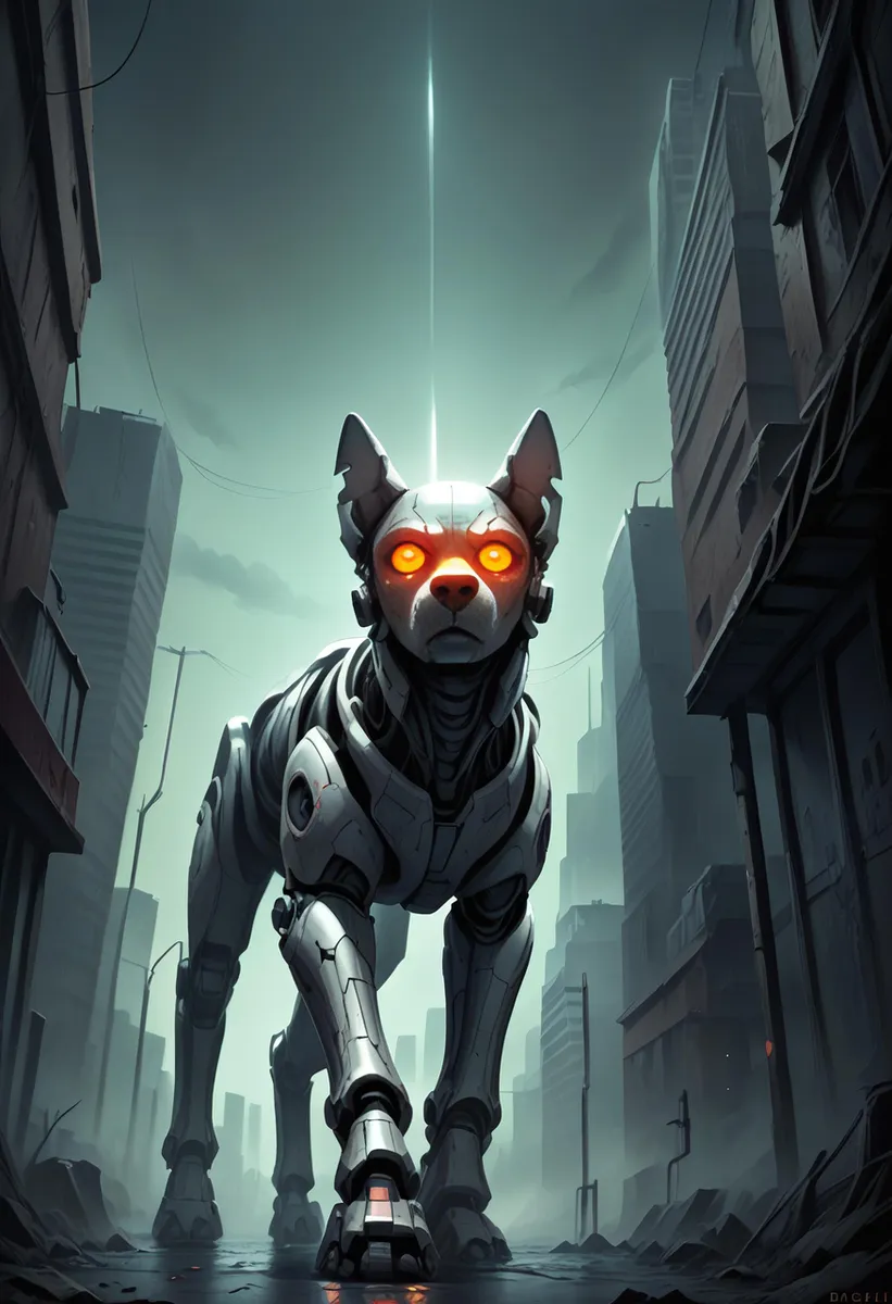 A robotic dog with glowing orange eyes in a cyberpunk cityscape. AI generated image using Stable Diffusion