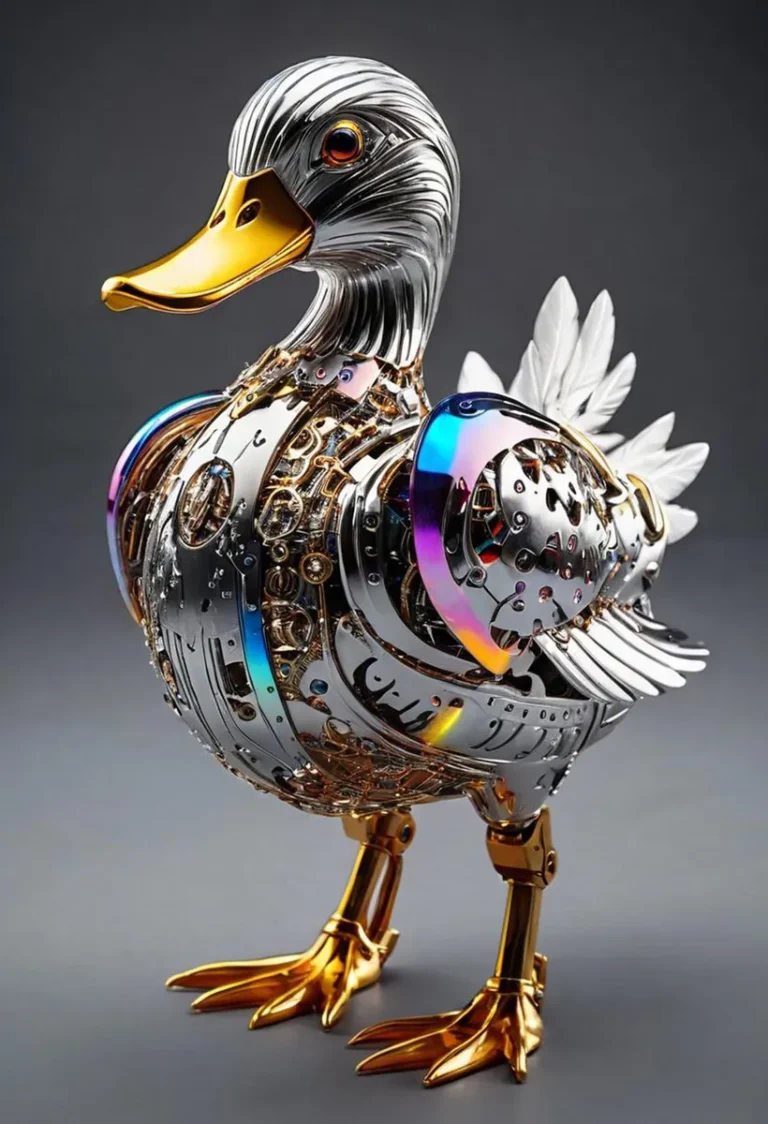 A detailed steampunk robotic duck with metallic feathers and gears, created using stable diffusion AI.
