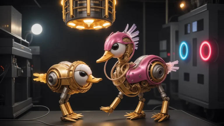 Steampunk designed robotic ducks in a laboratory, created by AI using Stable Diffusion.