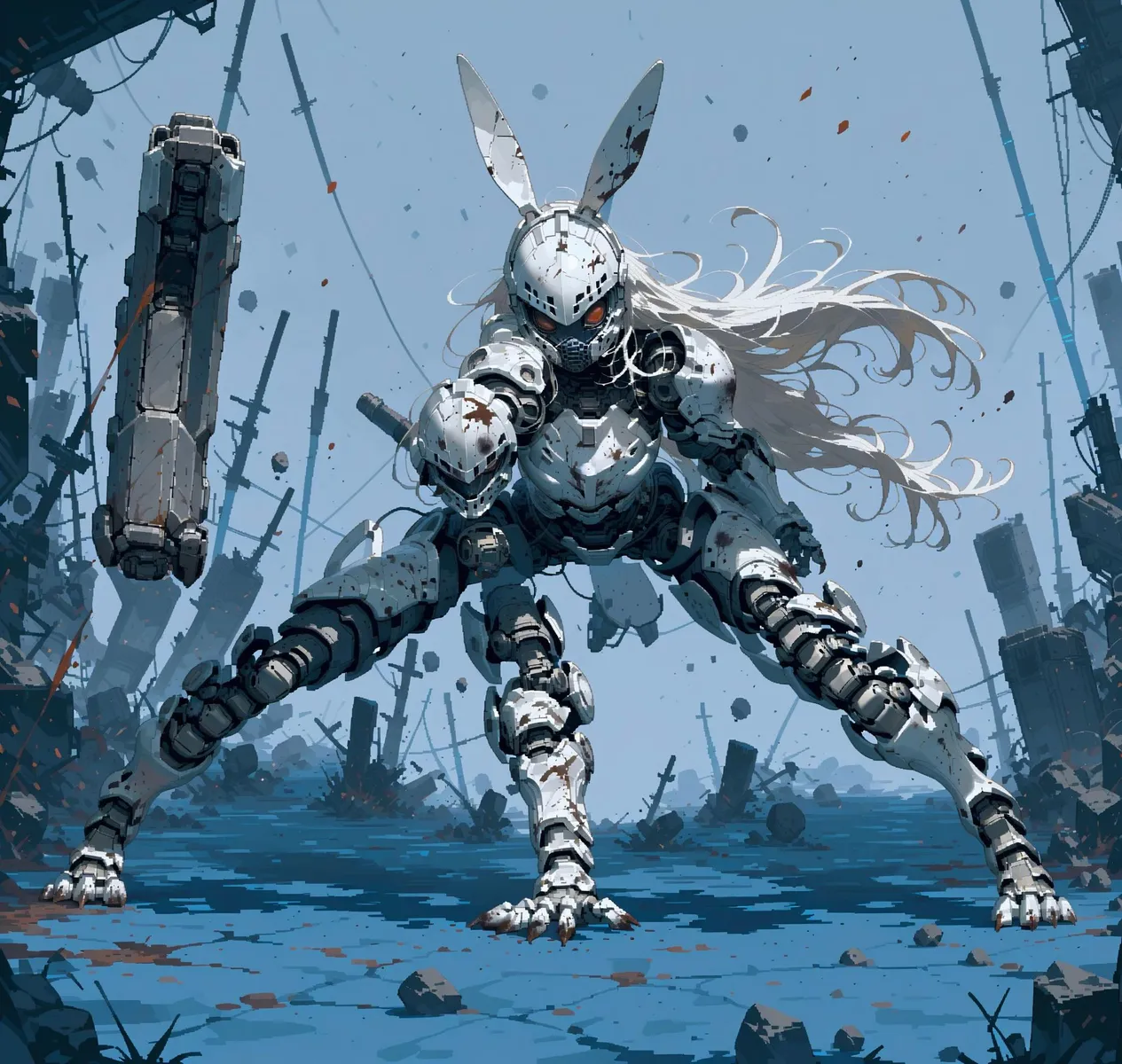 A robotic rabbit warrior with a sword in a post-apocalyptic scene. AI generated image using Stable Diffusion.