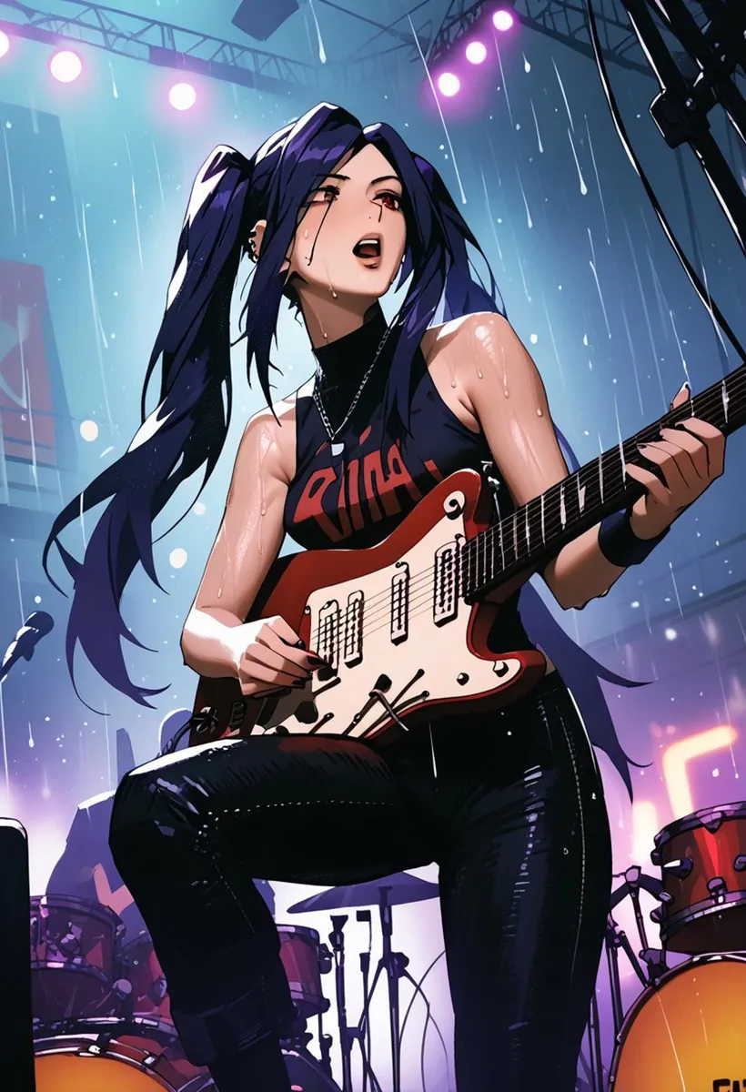 Anime styled AI-generated image of a female rock guitarist performing on stage in the rain, using Stable Diffusion.