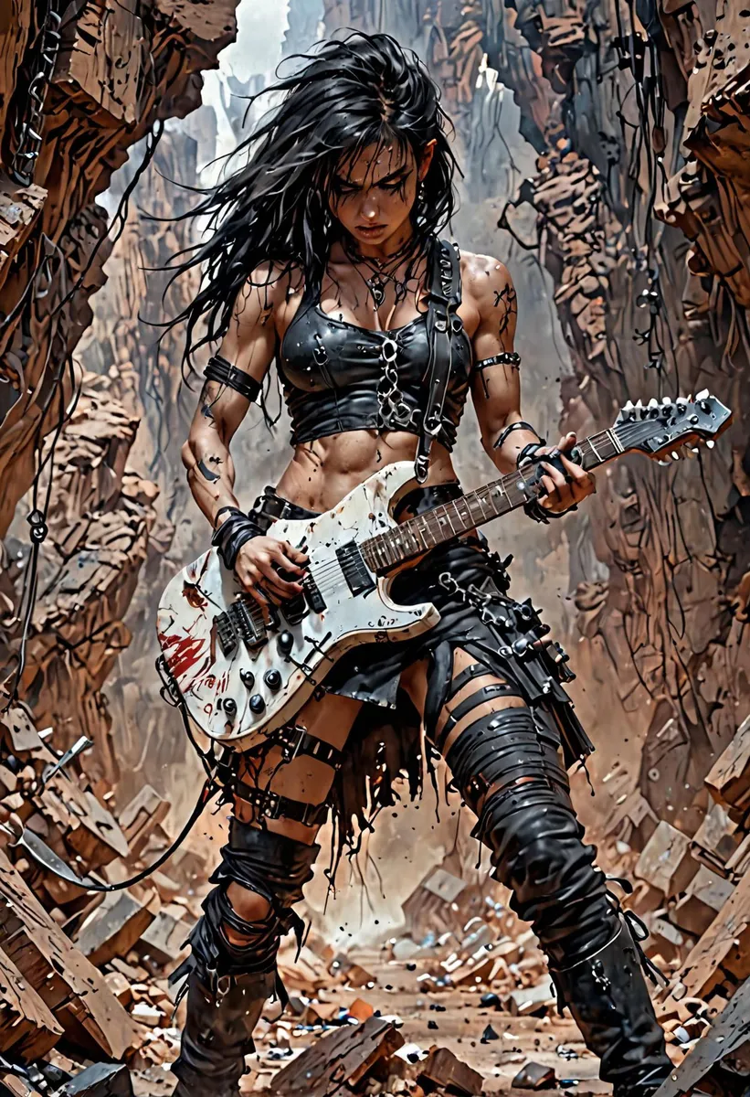 A post-apocalyptic female warrior with a rock guitarist aesthetic, depicted in an AI-generated image using Stable Diffusion.