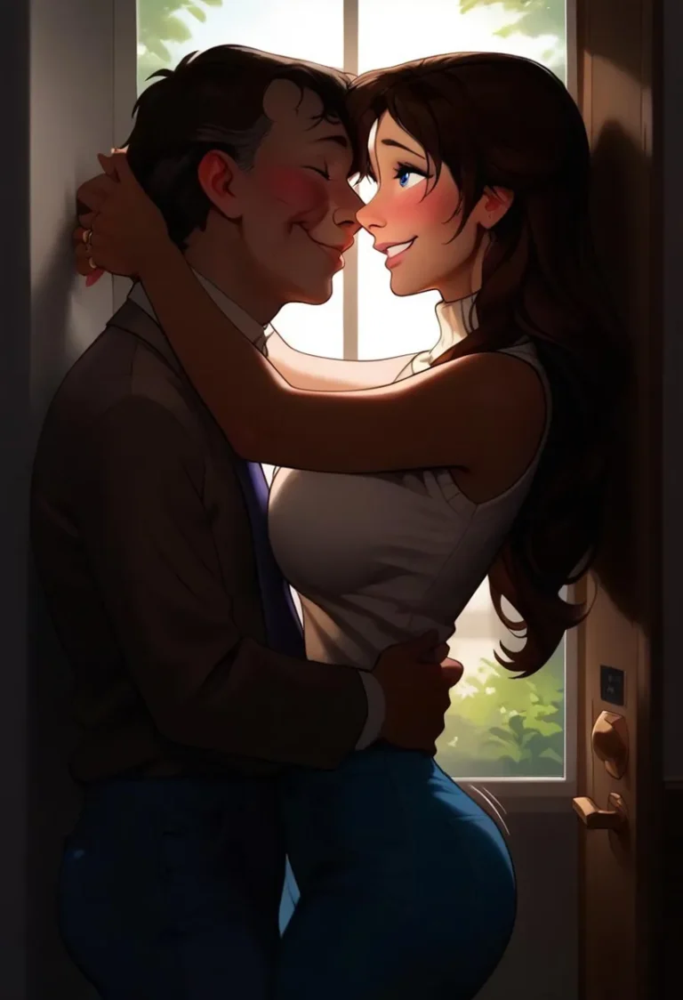 A romantic couple in an intimate embrace by the door. AI generated image using stable diffusion in anime style.