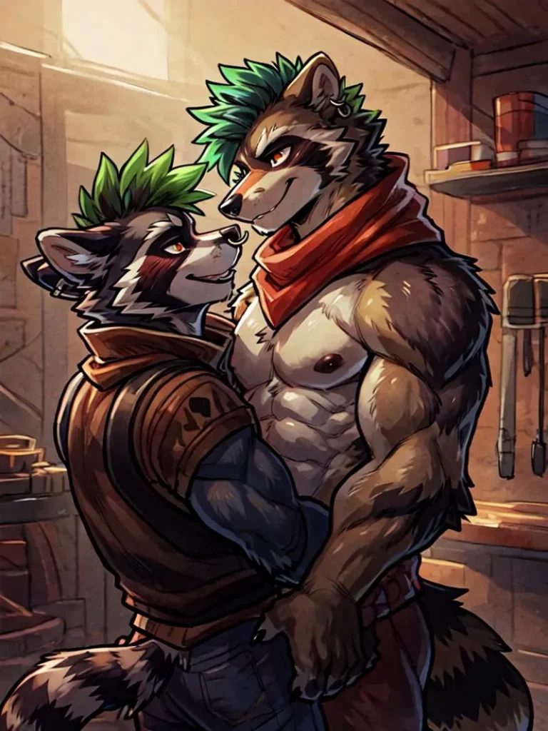 A romantic embrace between two anthropomorphic raccoon characters with green hair, showing affection in a workshop setting, AI generated using Stable Diffusion.