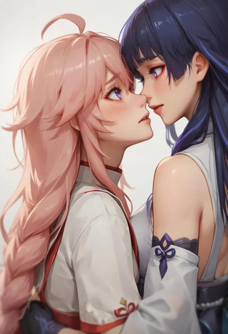 Close-up of two female anime characters in an intimate moment created using AI and Stable Diffusion.