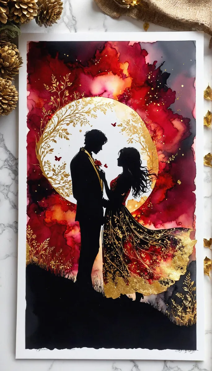 Romantic silhouette of a couple under a moon, surrounded by vibrant red and gold watercolor, created with Stable Diffusion.