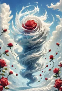 Fantasy scene featuring a tornado made out of swirling white clouds with a large red rose at its center, set against a bright blue sky dotted with more red roses. AI generated image using Stable Diffusion.