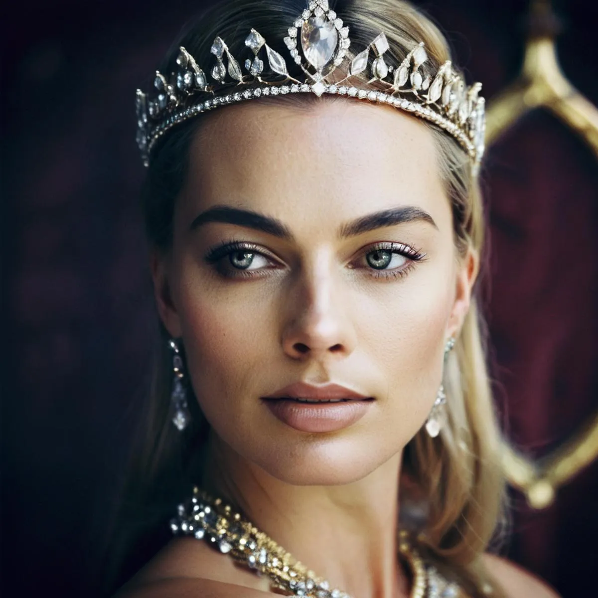 An AI generated image using stable diffusion featuring a close-up of an elegant woman wearing a delicate princess crown adorned with gemstones and elegant earrings, with a subtle background.