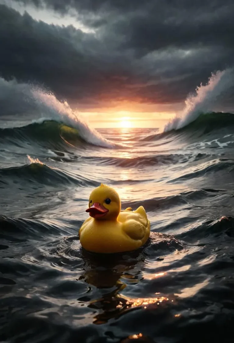 AI generated image of a rubber duck floating on the ocean with stormy waves and a dramatic sunset in the background, created using Stable Diffusion.