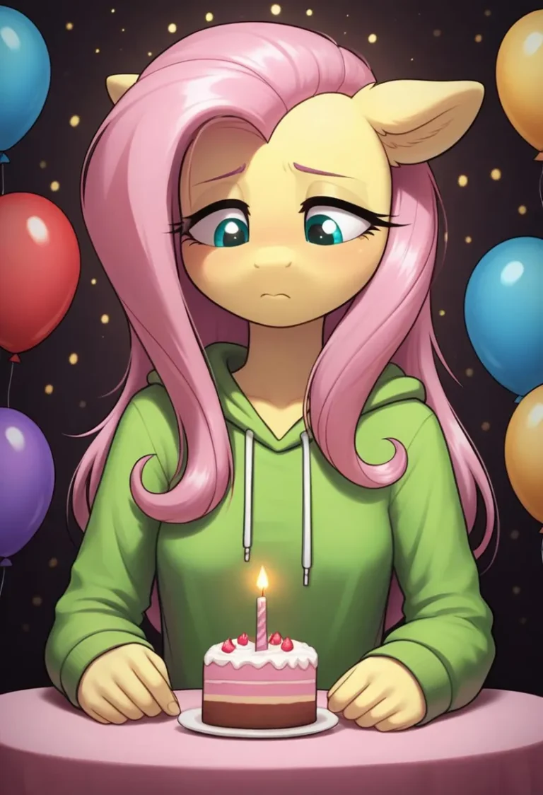 AI generated image of a sad cartoon character with pink hair and green hoodie at a table with a small birthday cake. Surrounded by colorful balloons highlighting it's generated using Stable Diffusion.