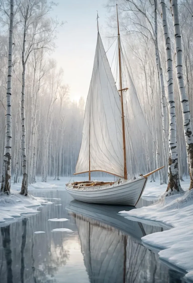 A sailboat with white sails reflected in a calm snow-covered river surrounded by tall, bare trees in a winter forest. This is an AI generated image using Stable Diffusion.