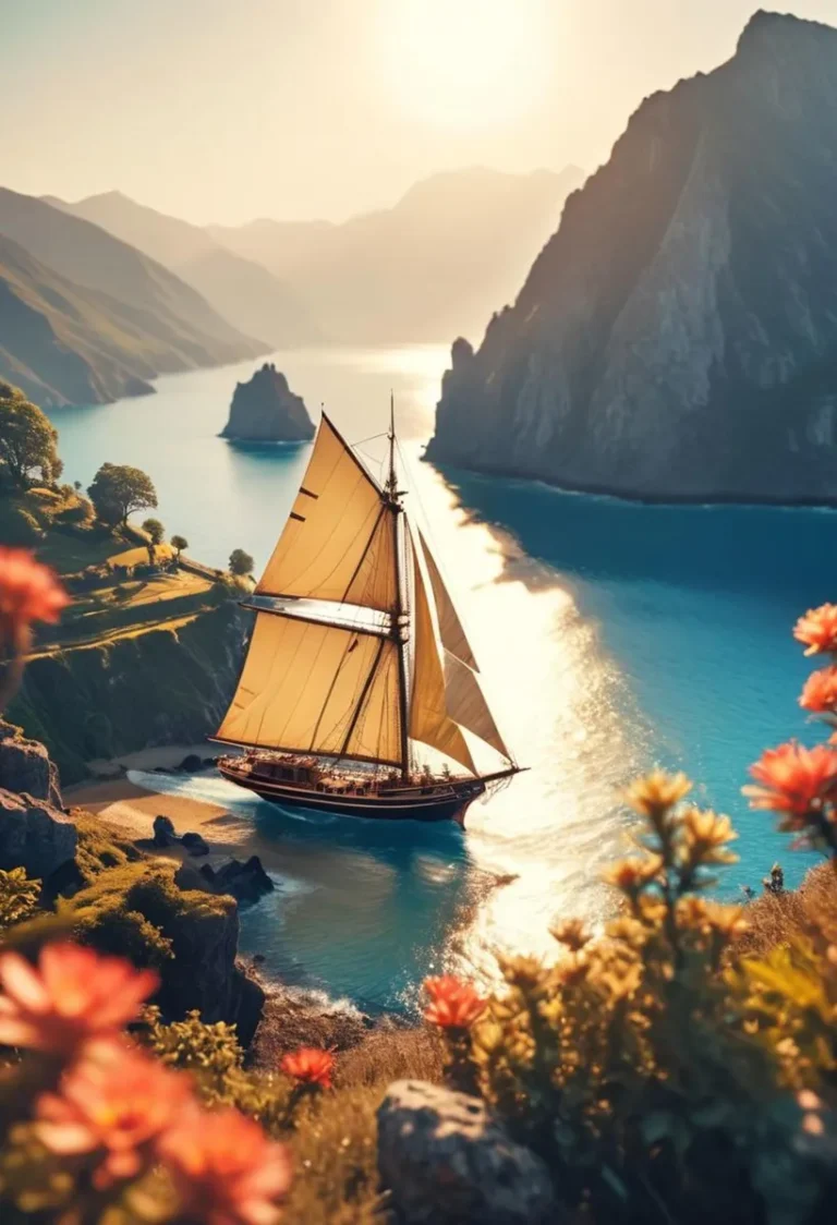 A beautiful sailing ship with golden sails navigates through a serene, winding body of water, surrounded by majestic mountains during sunset. This is an AI generated image using Stable Diffusion.