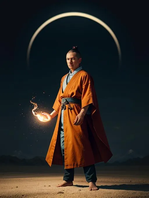 Samurai in traditional attire wielding fire magic, standing under a lunar eclipse, AI generated using stable diffusion.