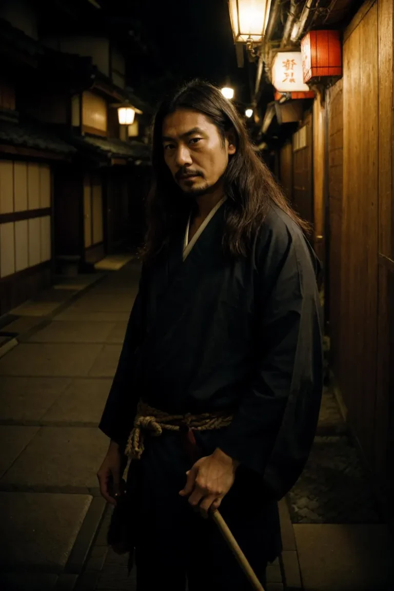 Samurai standing in a dimly lit alley at night, generated by AI using Stable Diffusion.