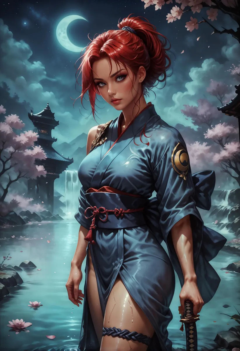 AI generated image of a samurai woman with red hair in a blue kimono, holding a katana, standing by a tranquil river under a moonlit night sky with Sakura trees and traditional Japanese architecture in the background.
