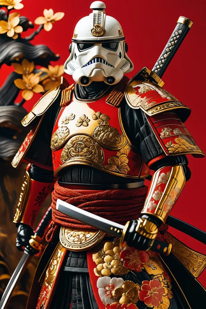 An AI-generated image using Stable Diffusion showing a Star Wars stormtrooper dressed as a samurai in intricate red and gold armor, holding a katana.