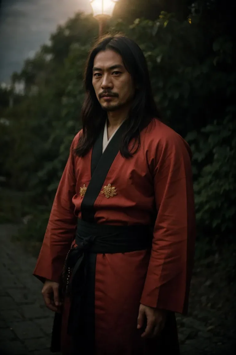 A samurai dressed in traditional red and black kimono, standing outdoors with trees in the background, AI generated image using Stable Diffusion.