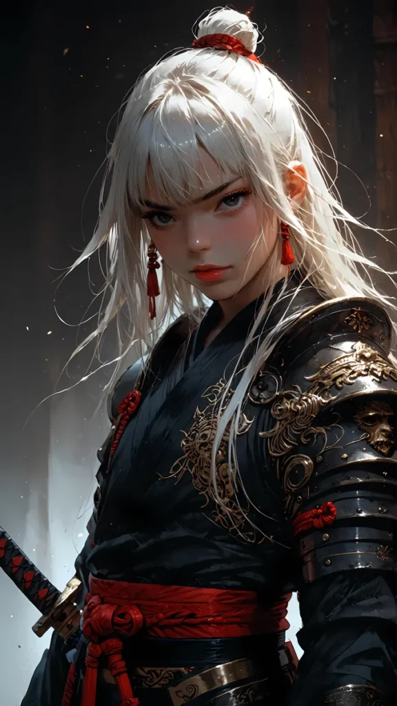 AI generated image using Stable Diffusion of a female samurai warrior with white hair and black armor with golden details, holding a katana.