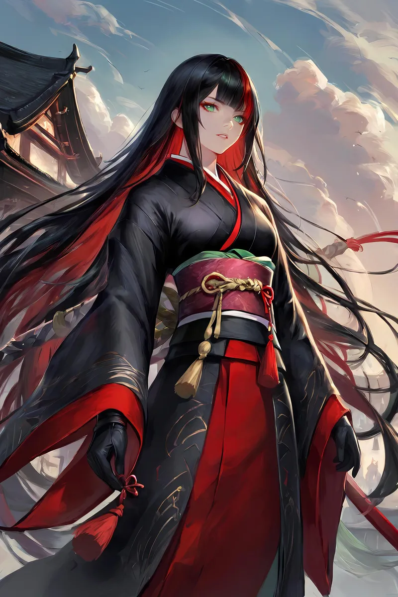An AI-generated image using Stable Diffusion of a samurai woman with long black and red hair, wearing traditional black and red attire, standing in front of a pagoda with a dynamic sky background.