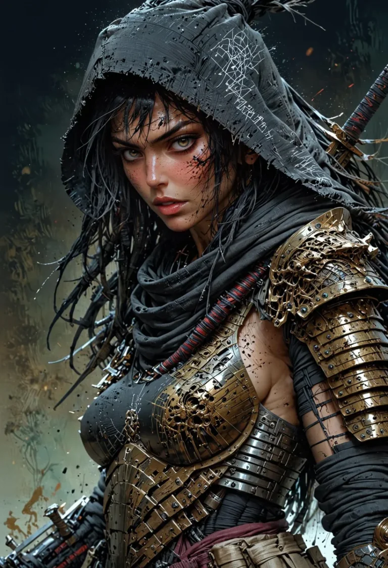 A highly detailed image of a fierce samurai woman dressed in ornate, battle-worn armor, created using AI and Stable Diffusion.