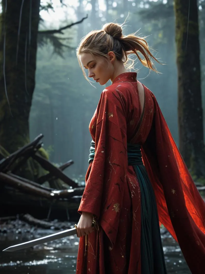 A samurai woman in a red kimono holding a sword, standing in a misty forest. AI generated image using Stable Diffusion.