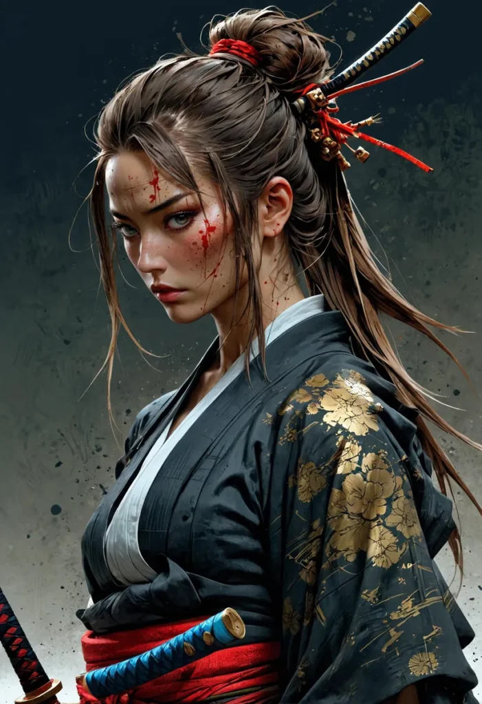 A detailed AI generated image using stable diffusion, depicting a samurai woman with a sword and a stern look adorned with blood splatter.