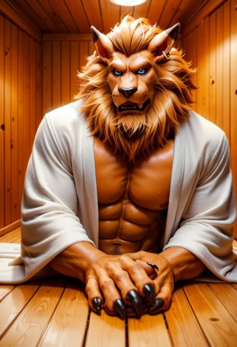 A lion humanoid with a muscular build sitting in a sauna, wearing a white robe. This is an AI-generated image using Stable Diffusion.