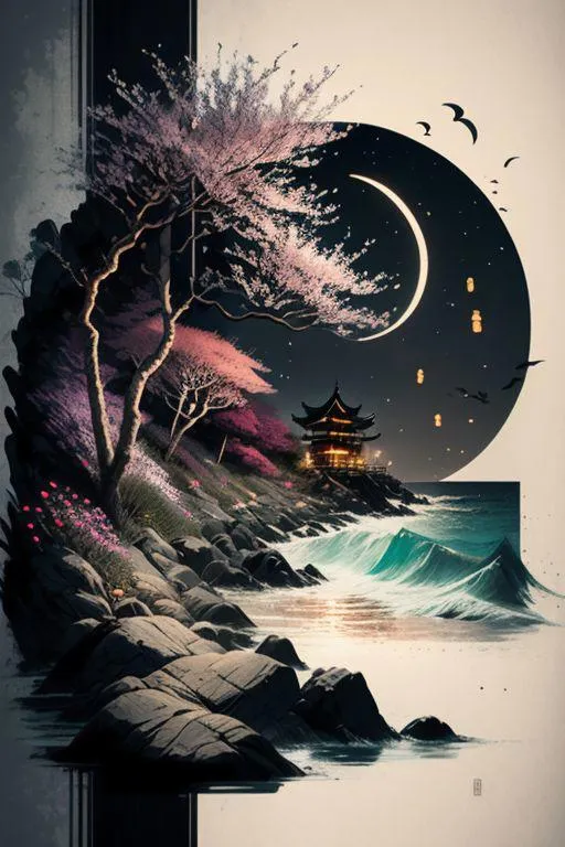 AI generated image of a scenic landscape featuring cherry blossom trees in bloom along a rocky shoreline, a crescent moon in the night sky, and a traditional pagoda with glowing lanterns.
