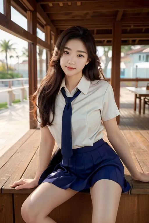 AI-generated image of a young woman dressed in a school uniform with a white blouse and blue skirt, sitting casually on a wooden structure.
