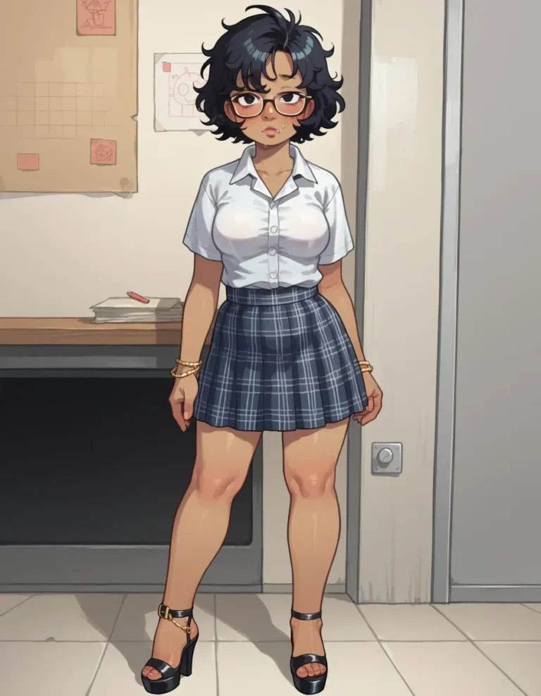 Anime style artwork of a schoolgirl with short dark hair, glasses, white shirt, plaid skirt, and black high heels. AI generated image using Stable Diffusion.