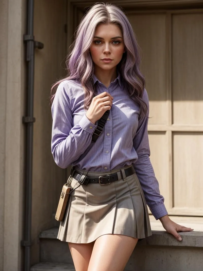 A stylish woman with purple hair in a schoolgirl outfit, wearing a button-down shirt and pleated skirt, generated using Stable Diffusion.
