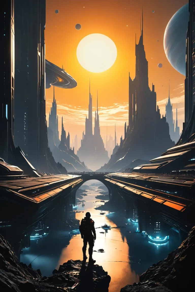 A detailed futuristic cityscape at sunset with towering buildings, a prominent sun, and a human figure standing on a ledge. AI generated image using Stable Diffusion.