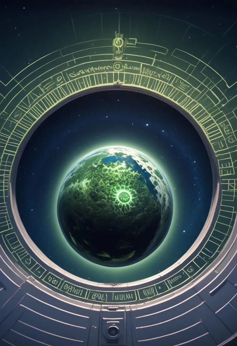 AI generated image using Stable Diffusion depicting a sci-fi planet surrounded by a futuristic portal with intricate glyphs.