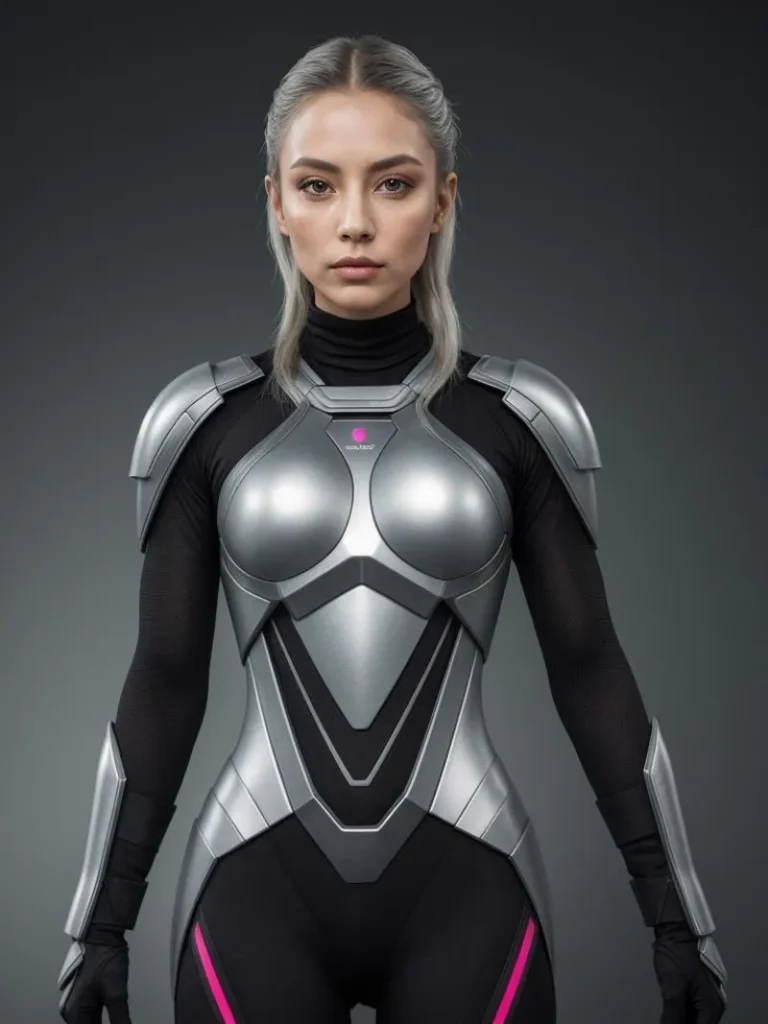 An AI generated image using stable diffusion depicting a woman in silver futuristic armor with calm expression and gray background.