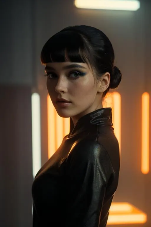 A futuristic woman with black hair in a sleek outfit, brightly lit neon tubes in the background, AI generated using Stable Diffusion.