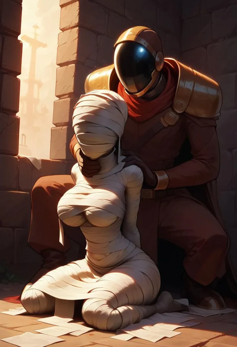 Futuristic figure in armor with a mummified woman kneeling in front, created using AI and stable diffusion.