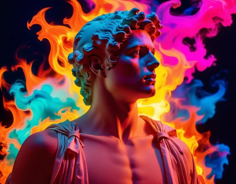 AI generated image using stable diffusion of a neoclassical sculpture surrounded by vibrant colorful flames in shades of orange, yellow, blue, and pink.